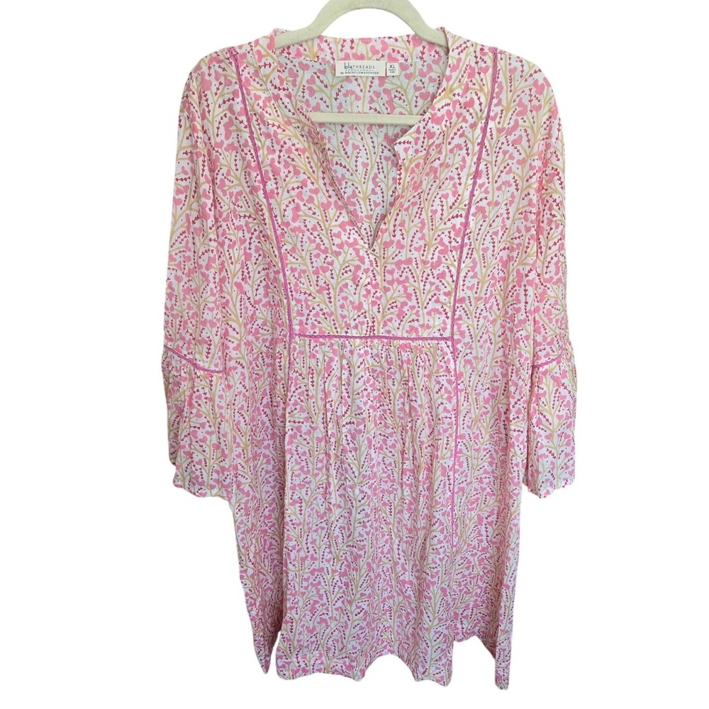 BluThreads Rockflowerpaper Dress Beach CoverUp Cotton Pink Floral Bell Sleeve XL